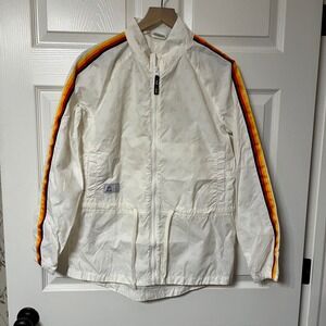 ALDI GEAR White All Over Logo‎ Windbreaker Jacket Rainbow Stripe Sleeve Size S